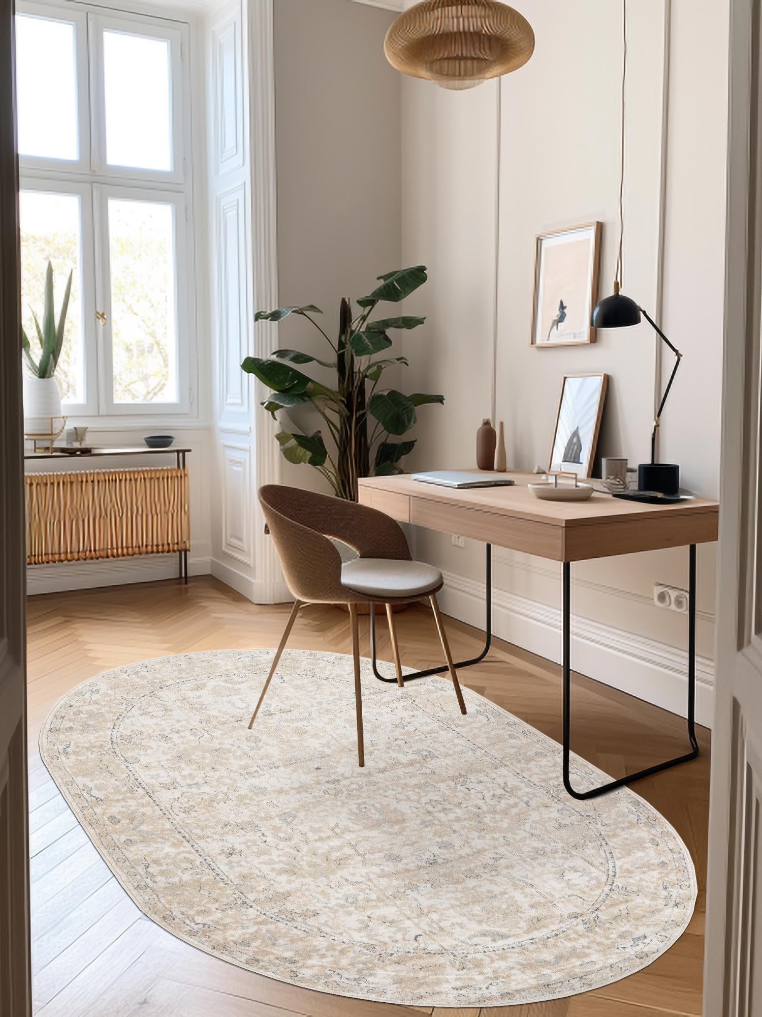 Ivory 6' 1 x 9' Portland Oval Area Rug 85% Polypropylene & 15% Polyester Vintage Distressed Traditional Carpet for Home Decor for Sale at Rug Engine
