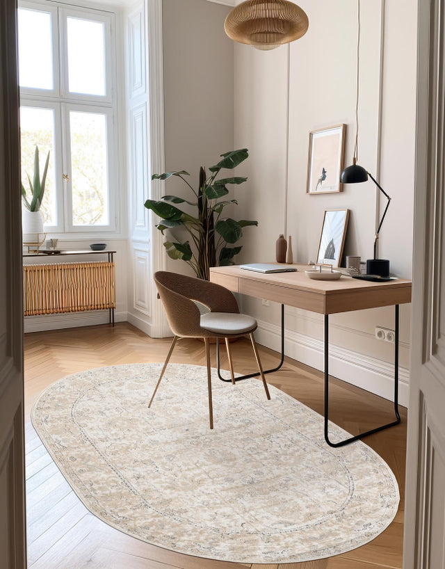 Ivory 6' 1 x 9' Portland Oval Area Rug 85% Polypropylene & 15% Polyester Vintage Distressed Traditional Carpet for Home Decor for Sale at Rug Engine