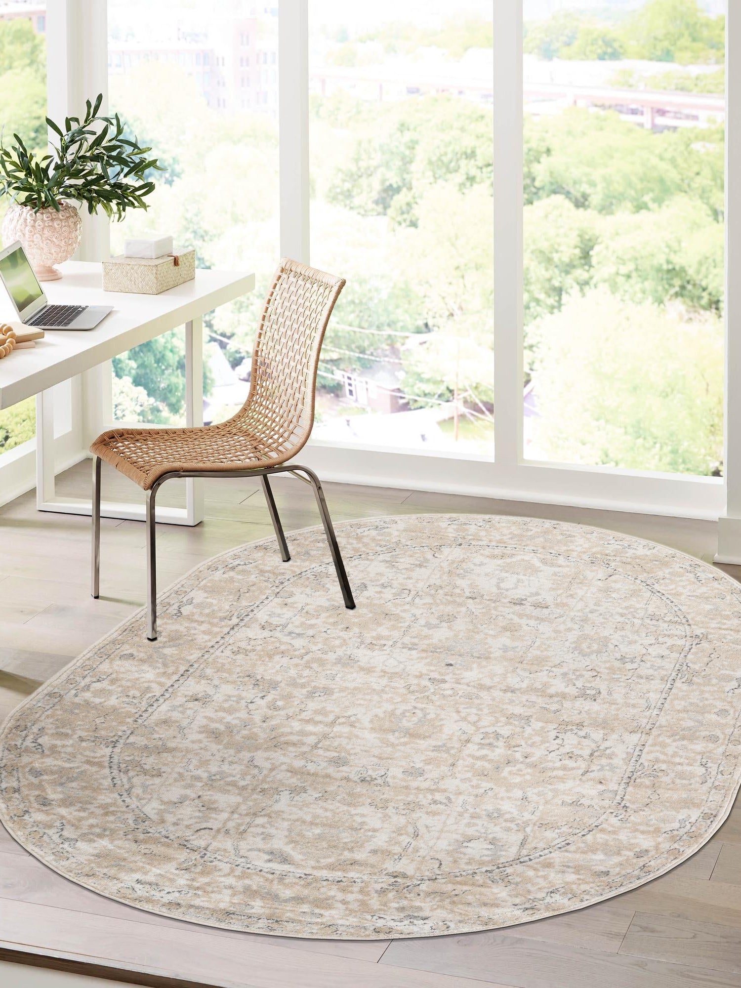 Ivory 6' 1 x 9' Portland Oval Area Rug 85% Polypropylene & 15% Polyester Vintage Distressed Traditional Carpet for Home Decor for Sale at Rug Engine
