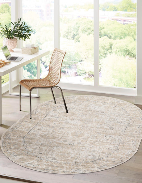 Ivory 6' 1 x 9' Portland Oval Area Rug 85% Polypropylene & 15% Polyester Vintage Distressed Traditional Carpet for Home Decor for Sale at Rug Engine