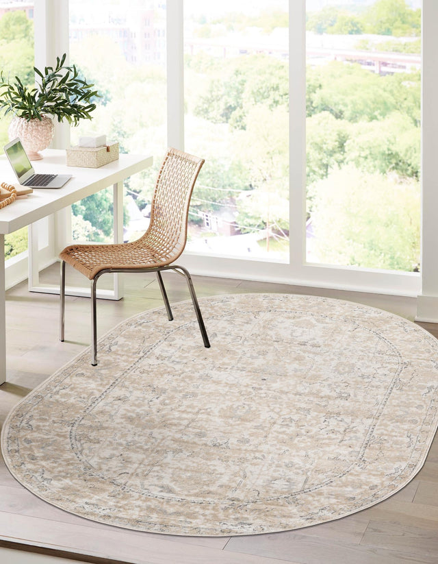 Ivory 6' 1 x 9' Portland Oval Area Rug 85% Polypropylene & 15% Polyester Vintage Distressed Traditional Carpet for Home Decor for Sale at Rug Engine