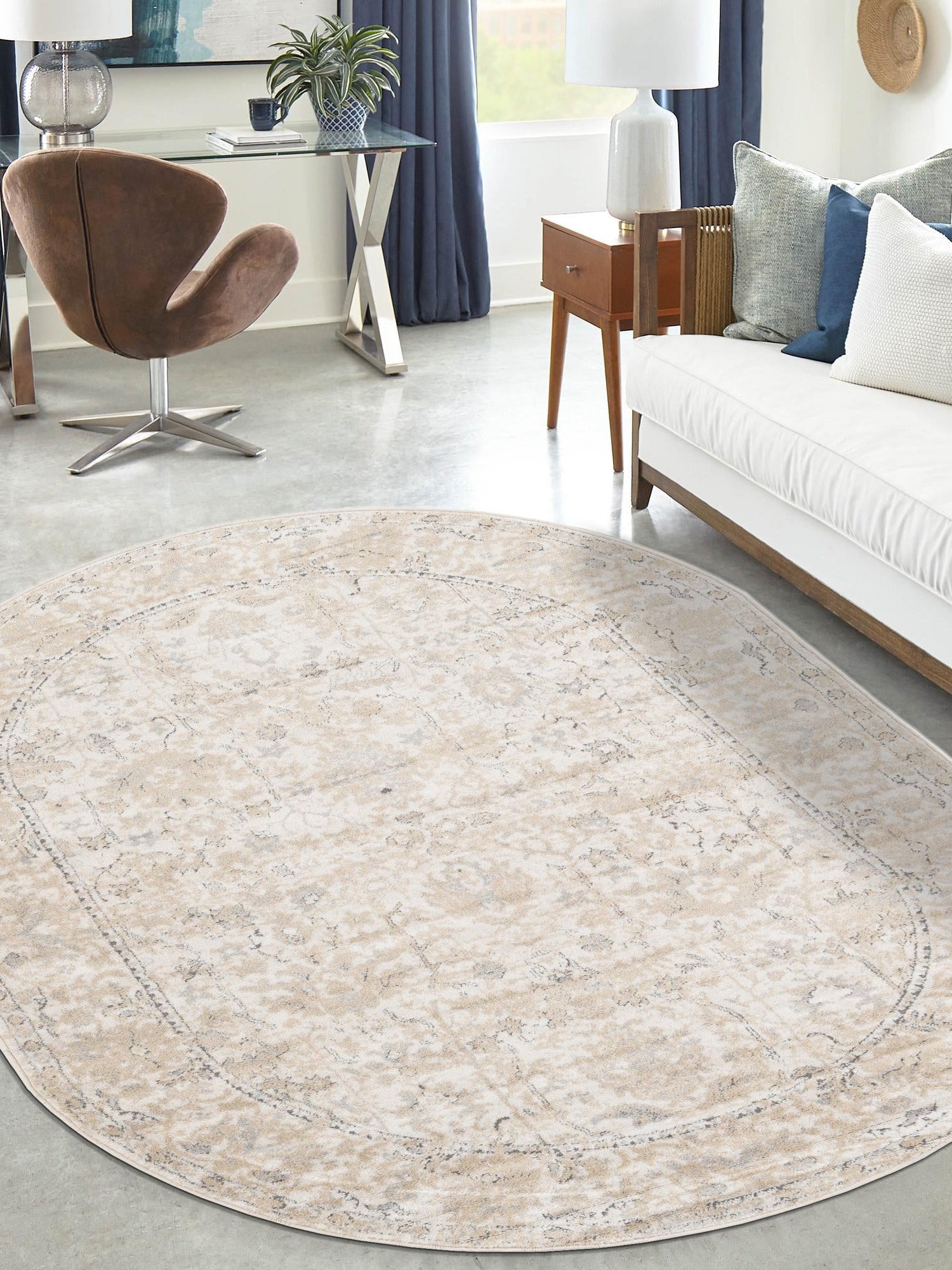 Ivory 6' 1 x 9' Portland Oval Area Rug 85% Polypropylene & 15% Polyester Vintage Distressed Traditional Carpet for Home Decor for Sale at Rug Engine