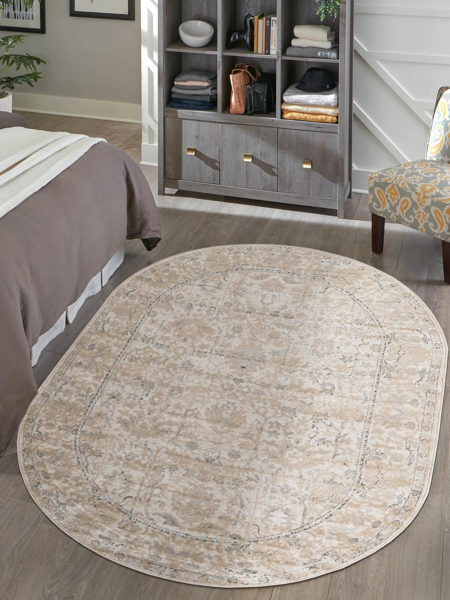 Ivory 6' 1 x 9' Portland Oval Area Rug 85% Polypropylene & 15% Polyester Vintage Distressed Traditional Carpet for Home Decor for Sale at Rug Engine