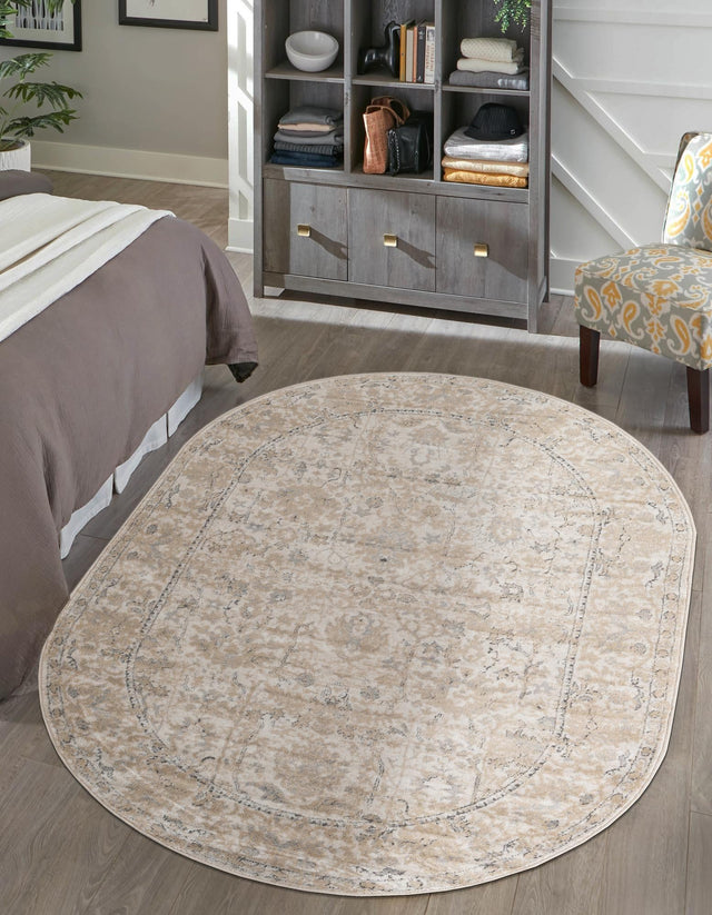 Ivory 6' 1 x 9' Portland Oval Area Rug 85% Polypropylene & 15% Polyester Vintage Distressed Traditional Carpet for Home Decor for Sale at Rug Engine