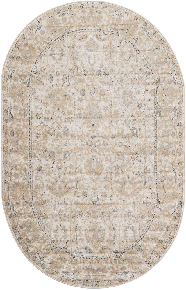 Ivory 5' 3 x 8' Portland Oval Area Rug 85% Polypropylene & 15% Polyester Vintage Distressed Traditional Carpet for Home Decor for Sale at Rug Engine