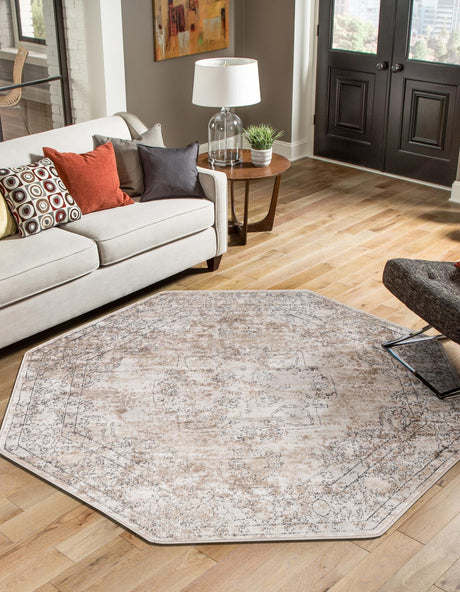 Ivory 5' 3 x 5' 3 Portland Octagon Area Rug 85% Polypropylene & 15% Polyester Vintage Distressed Traditional Carpet for Home Decor for Sale at Rug Engine