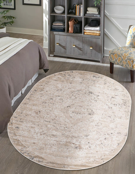 Beige 5' 3 x 8' Portland Oval Area Rug 85% Polypropylene & 15% Polyester Vintage Distressed Traditional Carpet for Home Decor for Sale at Rug Engine