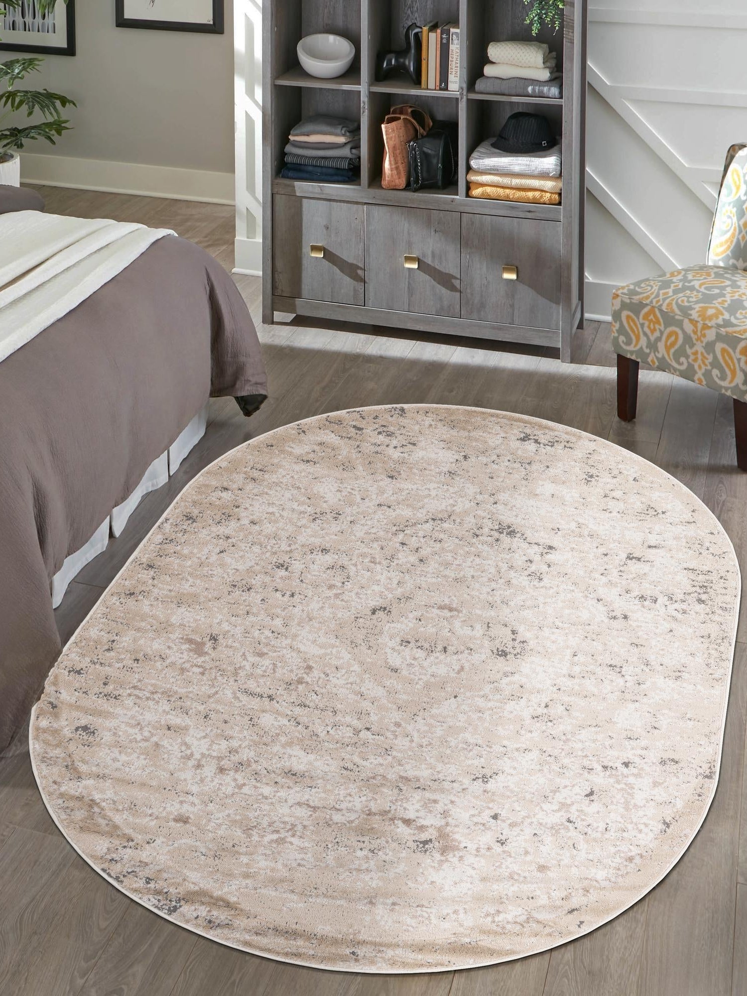 Beige 7' 10 x 10' Portland Oval Area Rug 85% Polypropylene & 15% Polyester Vintage Distressed Traditional Carpet for Home Decor for Sale at Rug Engine