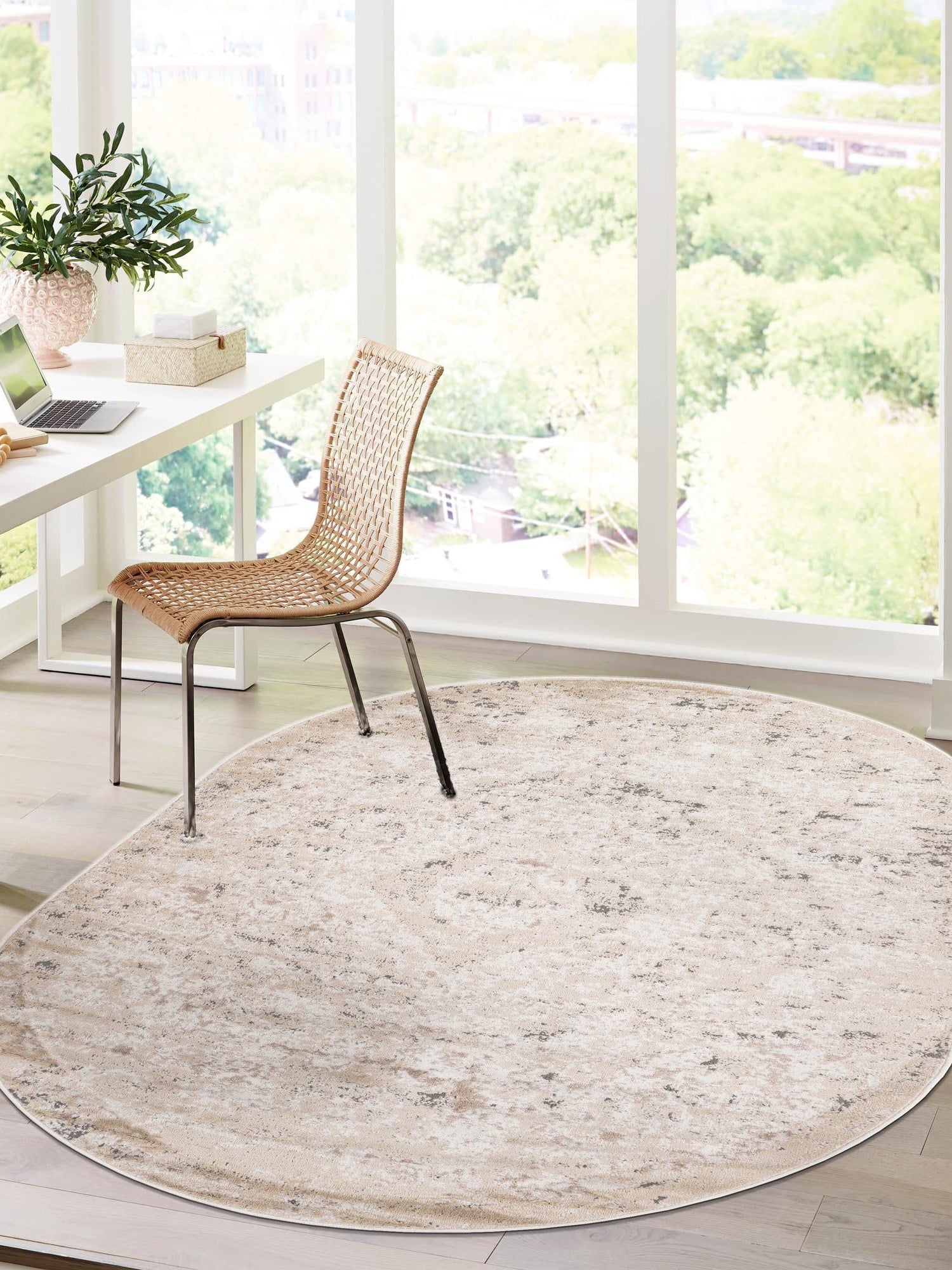 Beige 5' 3 x 8' Portland Oval Area Rug 85% Polypropylene & 15% Polyester Vintage Distressed Traditional Carpet for Home Decor for Sale at Rug Engine