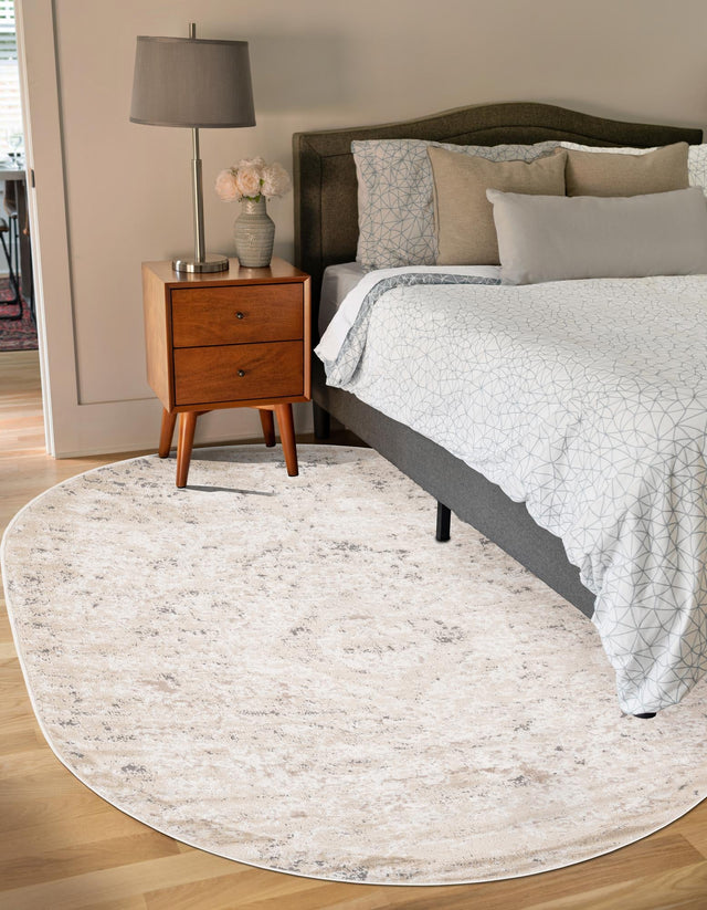 Beige 7' 10 x 10' Portland Oval Area Rug 85% Polypropylene & 15% Polyester Vintage Distressed Traditional Carpet for Home Decor for Sale at Rug Engine