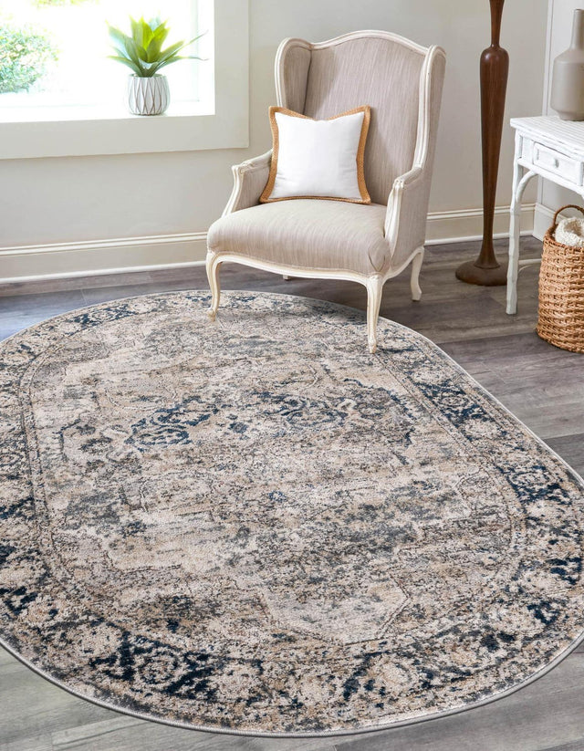 Gray 6' 1 x 9' Portland Oval Area Rug 85% Polypropylene & 15% Polyester Vintage Distressed Traditional Carpet for Home Decor for Sale at Rug Engine