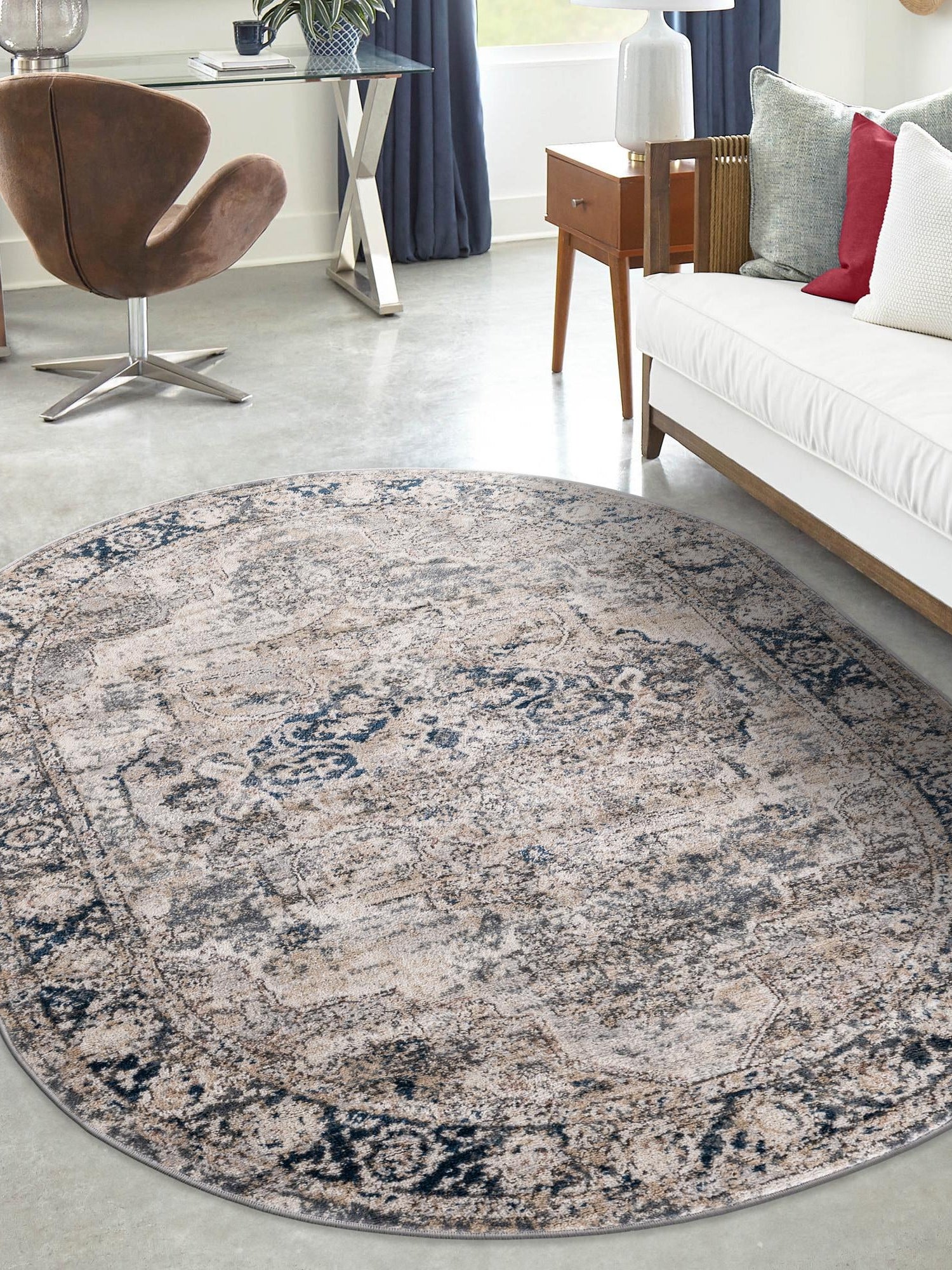 Gray 7' 10 x 10' Portland Oval Area Rug 85% Polypropylene & 15% Polyester Vintage Distressed Traditional Carpet for Home Decor for Sale at Rug Engine
