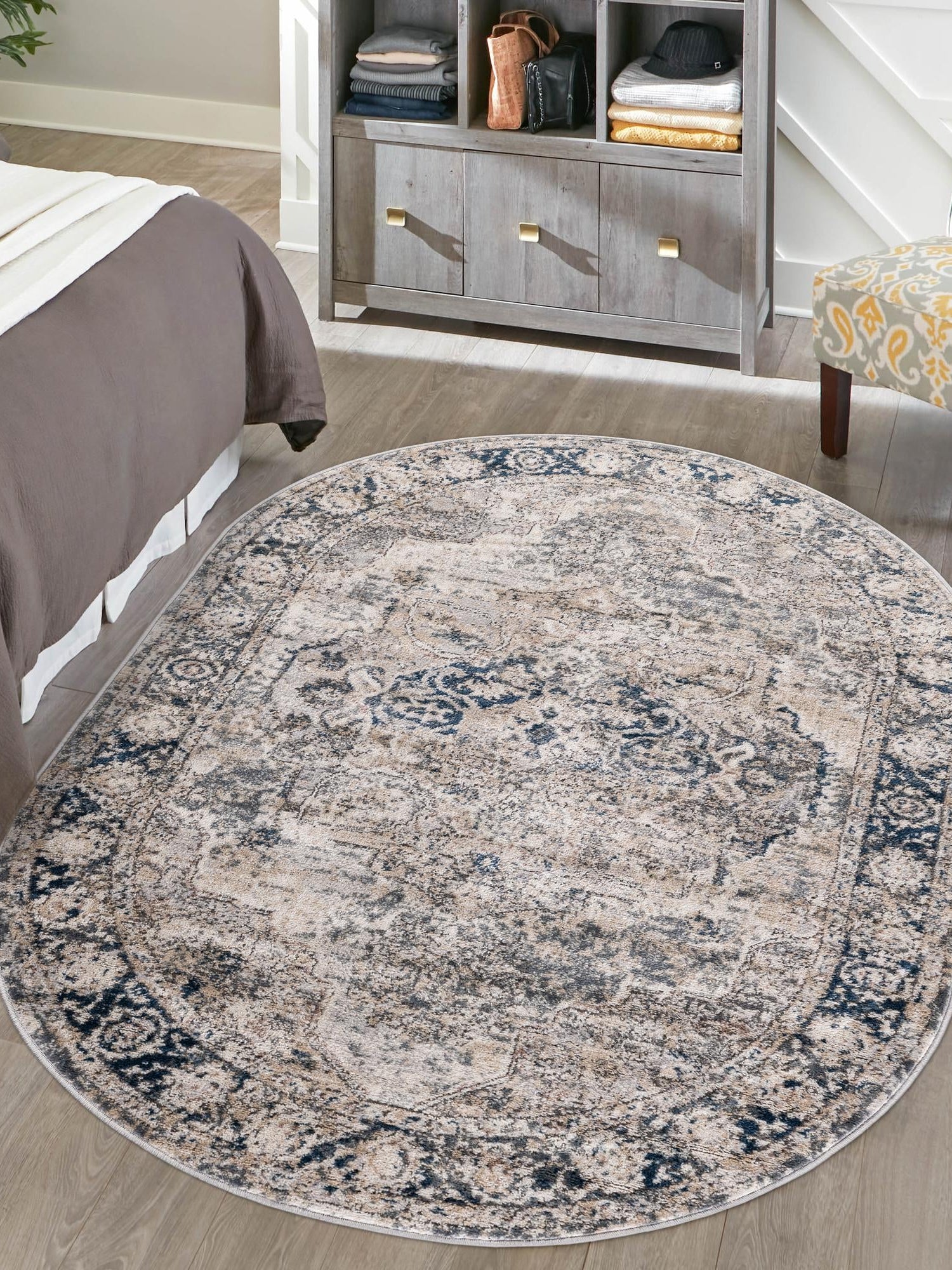 Gray 7' 10 x 10' Portland Oval Area Rug 85% Polypropylene & 15% Polyester Vintage Distressed Traditional Carpet for Home Decor for Sale at Rug Engine