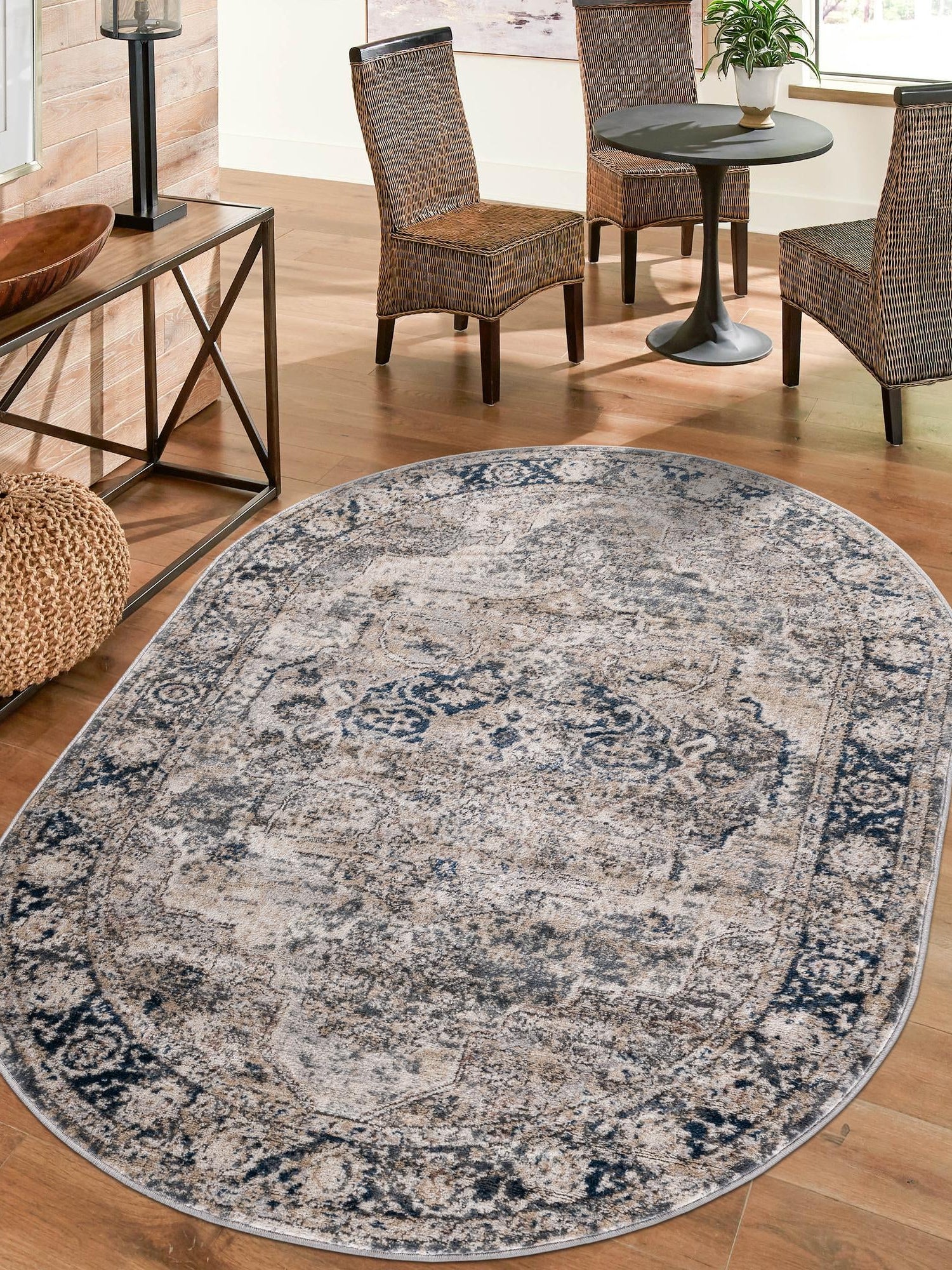 Gray 7' 10 x 10' Portland Oval Area Rug 85% Polypropylene & 15% Polyester Vintage Distressed Traditional Carpet for Home Decor for Sale at Rug Engine