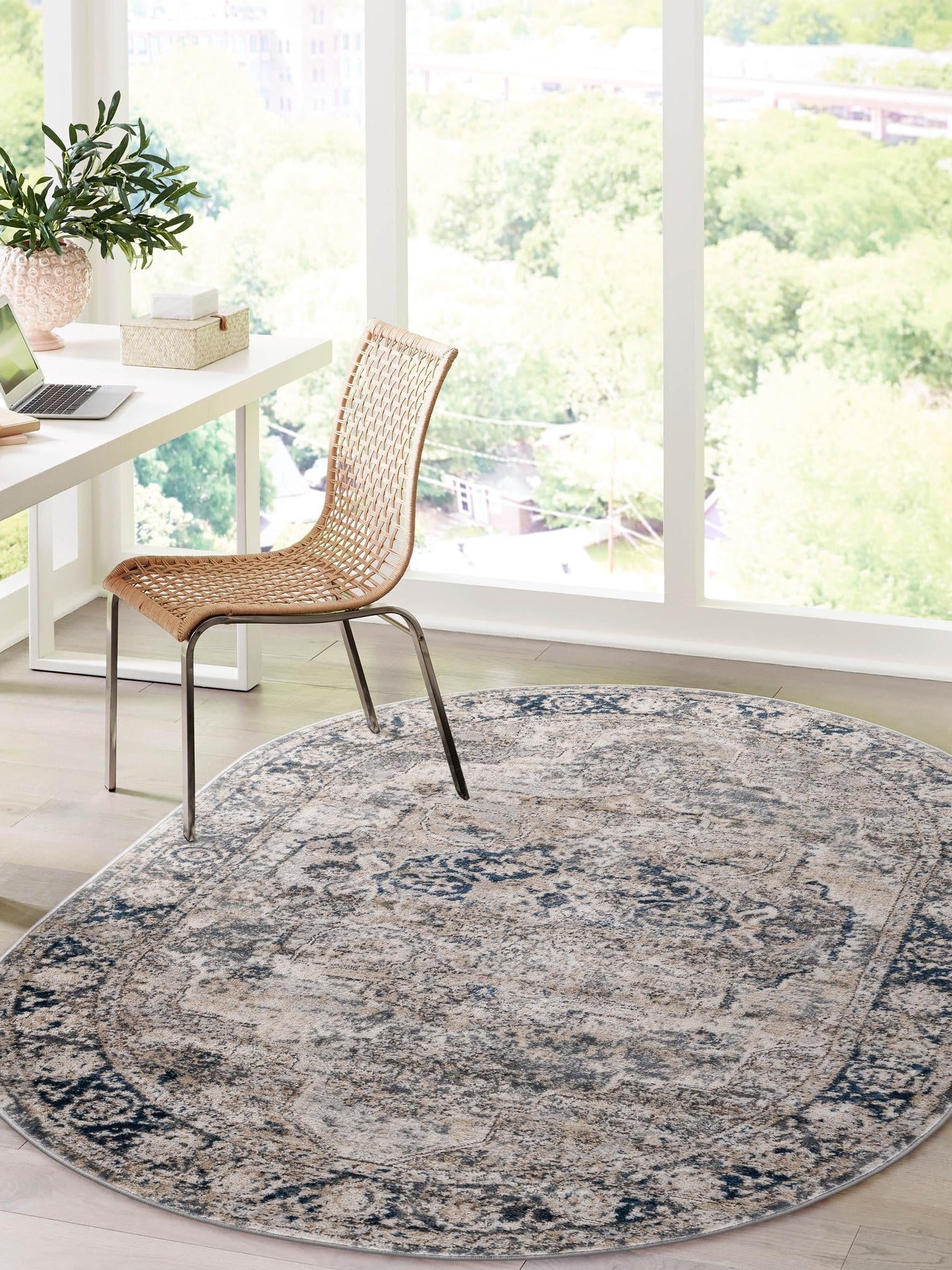 Gray 7' 10 x 10' Portland Oval Area Rug 85% Polypropylene & 15% Polyester Vintage Distressed Traditional Carpet for Home Decor for Sale at Rug Engine