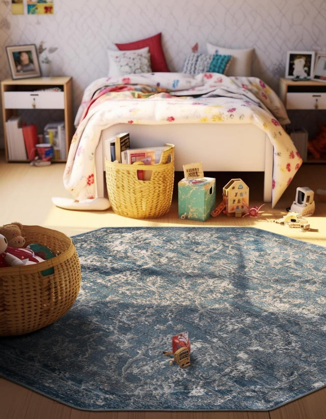 Blue 5' 3 x 5' 3 Portland Octagon Area Rug 85% Polypropylene & 15% Polyester Vintage Distressed Traditional Carpet for Home Decor for Sale at Rug Engine