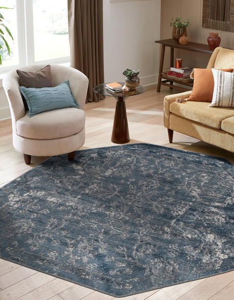 Blue 5' 3 x 5' 3 Portland Octagon Area Rug 85% Polypropylene & 15% Polyester Vintage Distressed Traditional Carpet for Home Decor for Sale at Rug Engine