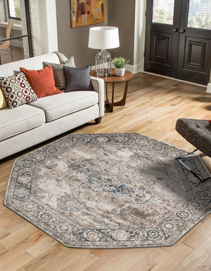 Gray 5' 3 x 5' 3 Portland Octagon Area Rug 85% Polypropylene & 15% Polyester Vintage Distressed Traditional Carpet for Home Decor for Sale at Rug Engine