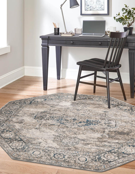Gray 5' 3 x 5' 3 Portland Octagon Area Rug 85% Polypropylene & 15% Polyester Vintage Distressed Traditional Carpet for Home Decor for Sale at Rug Engine