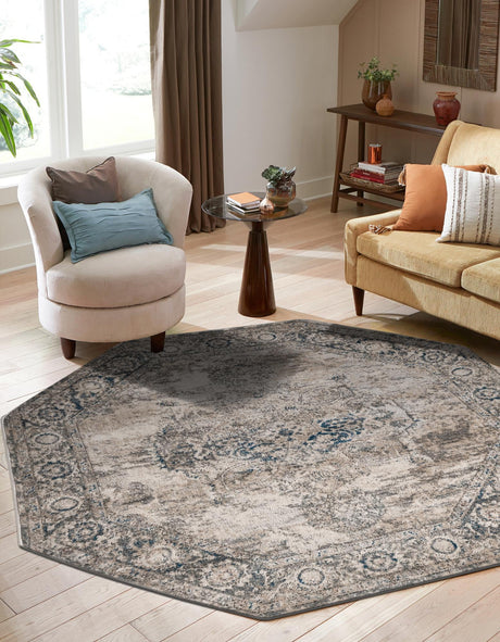 Gray 5' 3 x 5' 3 Portland Octagon Area Rug 85% Polypropylene & 15% Polyester Vintage Distressed Traditional Carpet for Home Decor for Sale at Rug Engine