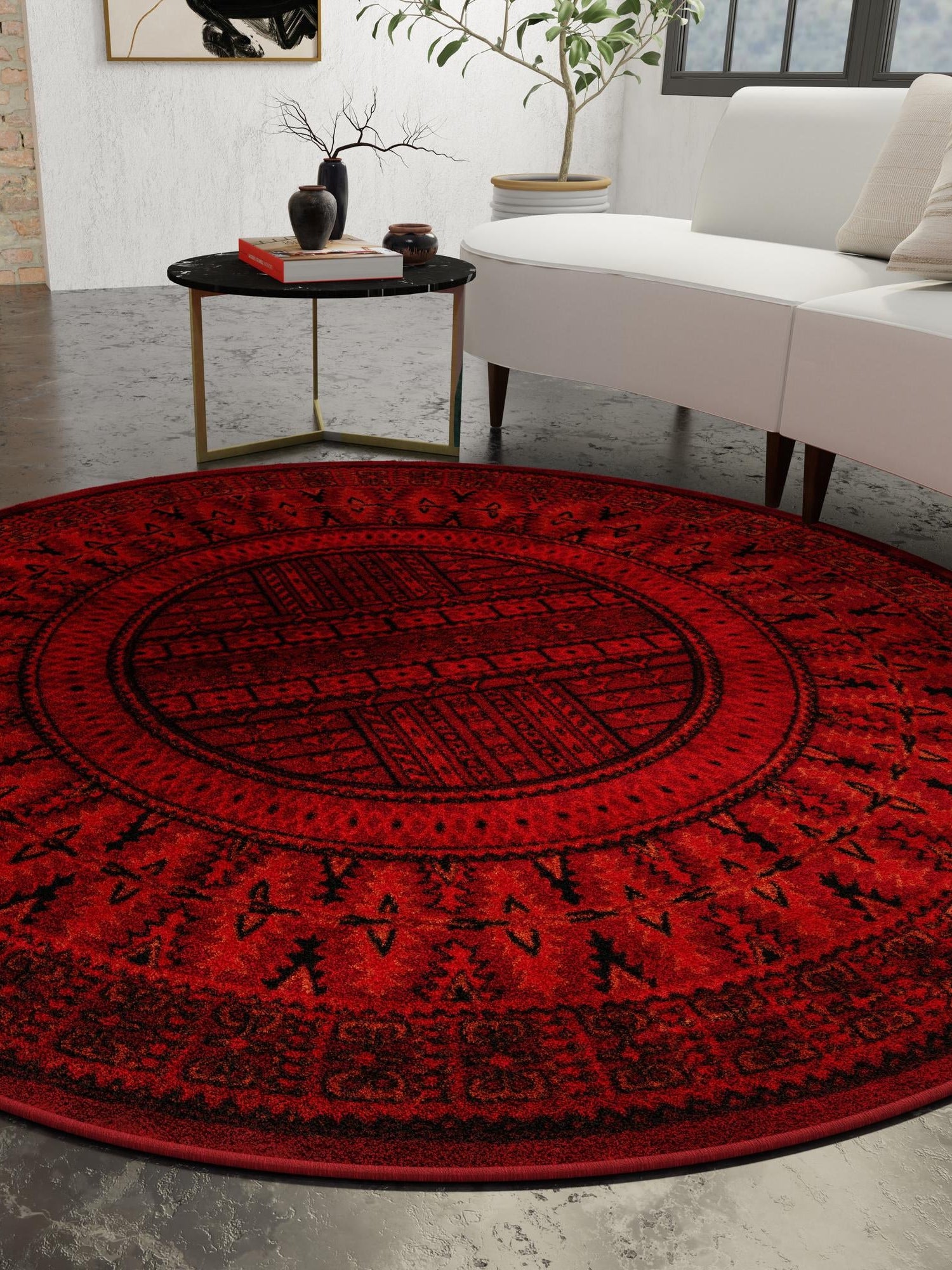 Red 7' 10 x 7' 10 Tekke Round Area Rug Classic Traditional Vintage Design Carpet for Living Rooms, Dining, Bedrooms, Office Space for Sale at Rug Engine