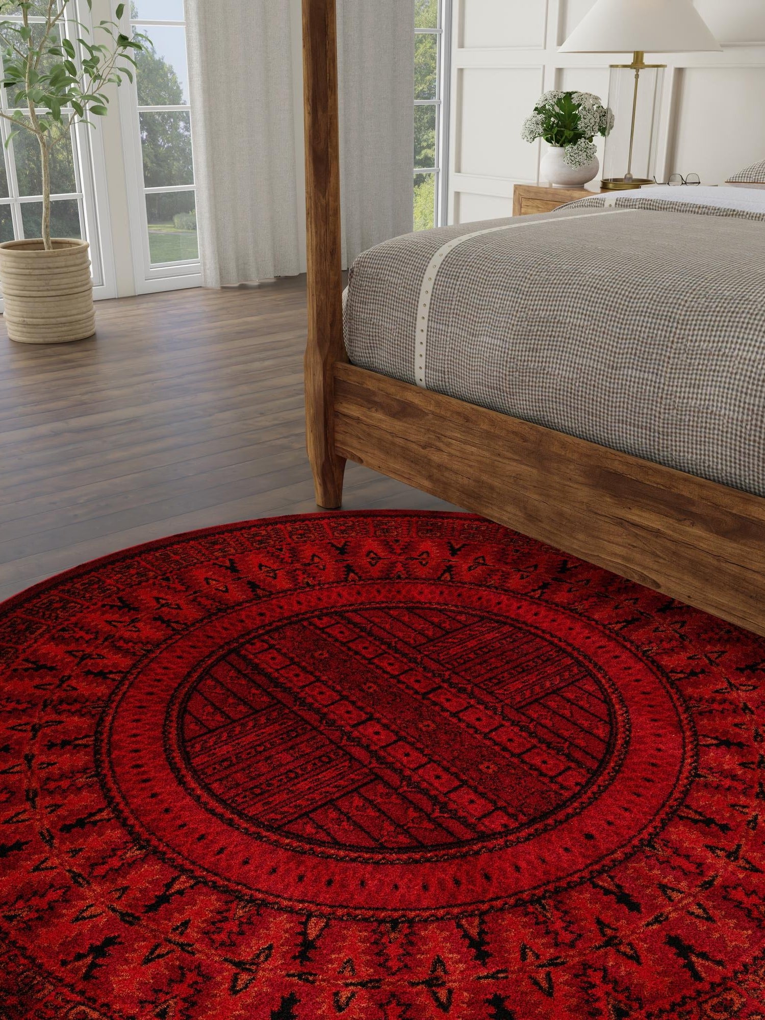 Red 7' 10 x 7' 10 Tekke Round Area Rug Classic Traditional Vintage Design Carpet for Living Rooms, Dining, Bedrooms, Office Space for Sale at Rug Engine