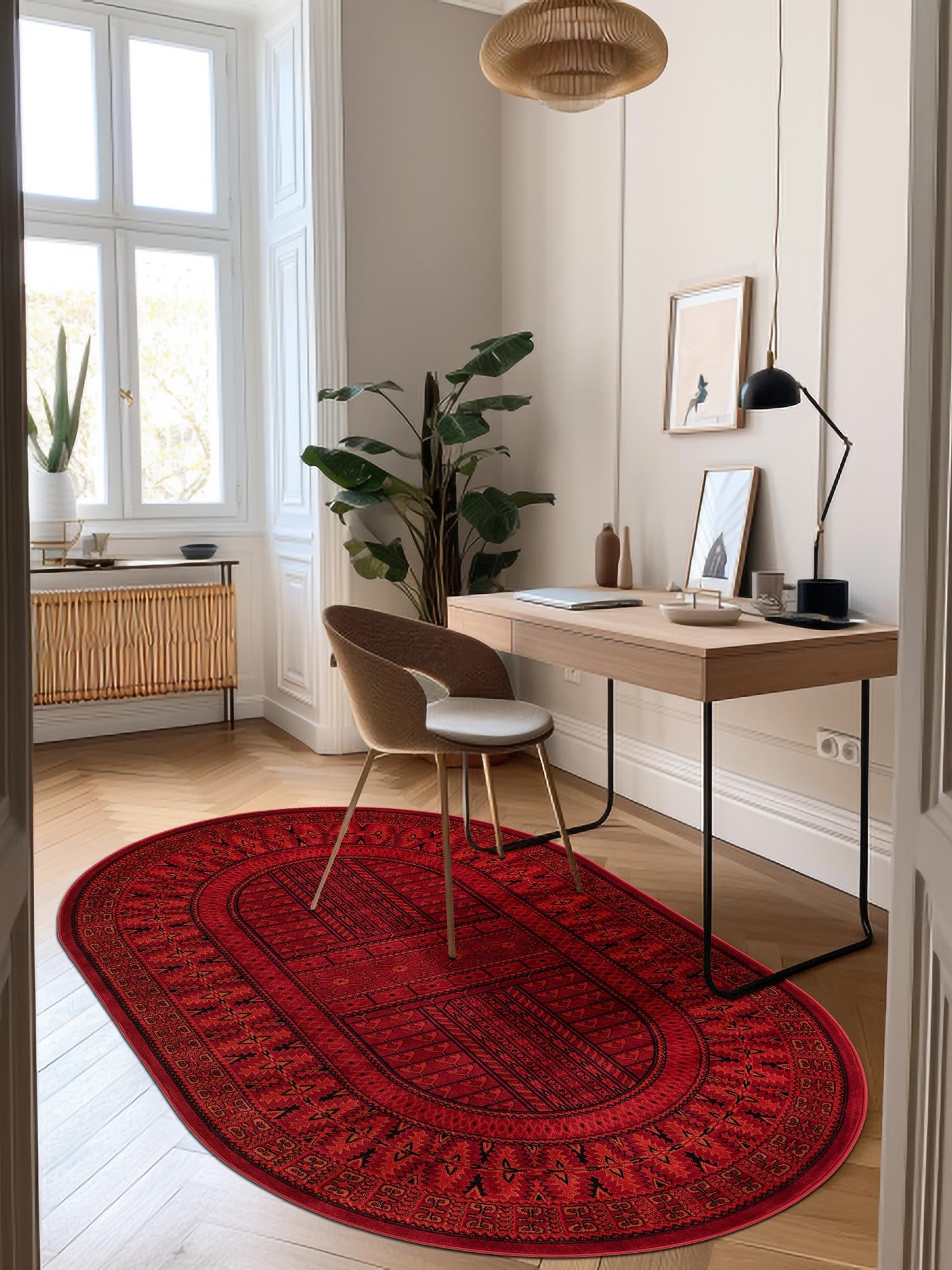 Red 7' 10 x 10' Tekke Oval Area Rug Classic Traditional Vintage Design Carpet for Living Rooms, Dining, Bedrooms, Office Space for Sale at Rug Engine