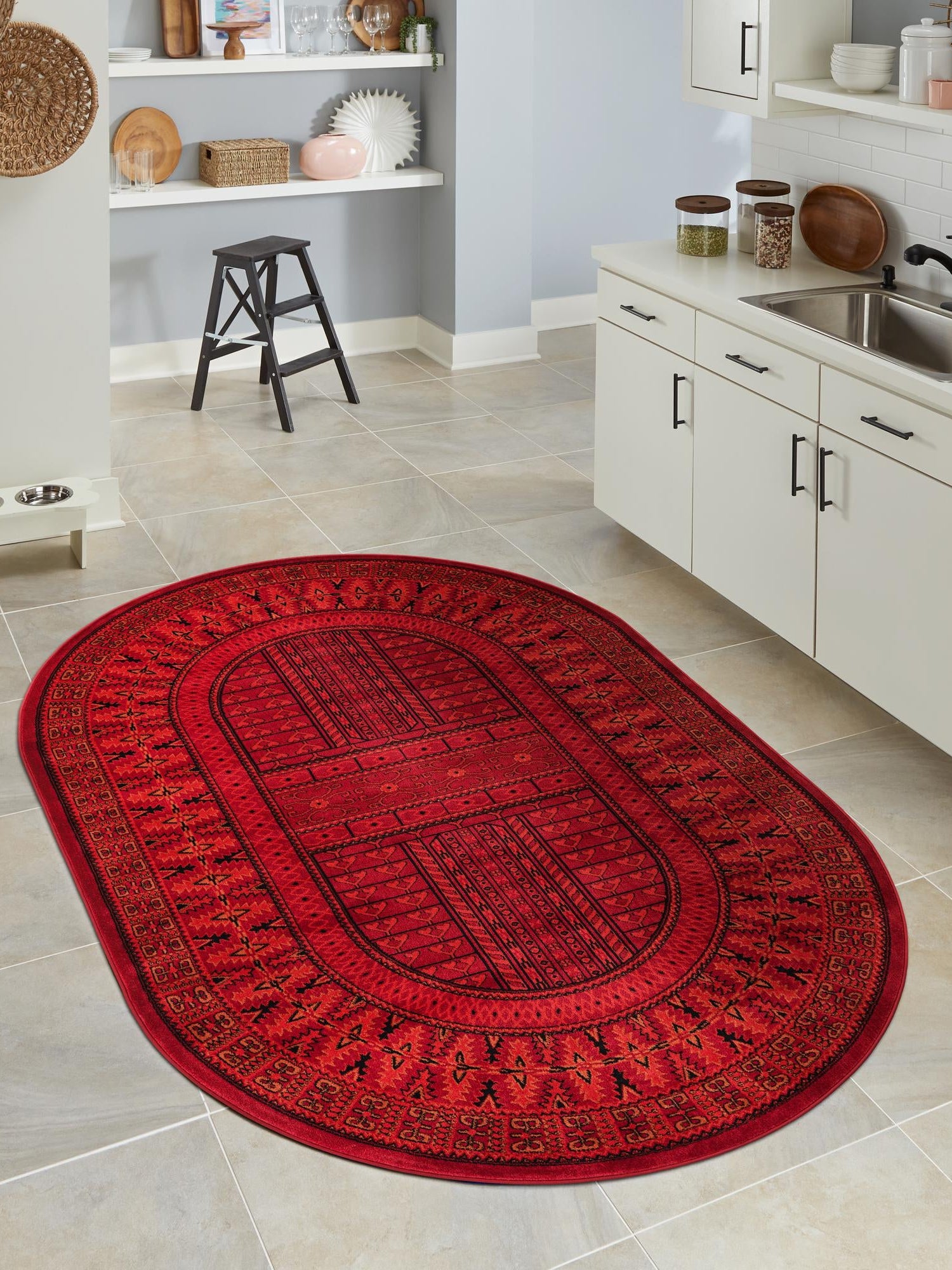 Red 7' 10 x 10' Tekke Oval Area Rug Classic Traditional Vintage Design Carpet for Living Rooms, Dining, Bedrooms, Office Space for Sale at Rug Engine