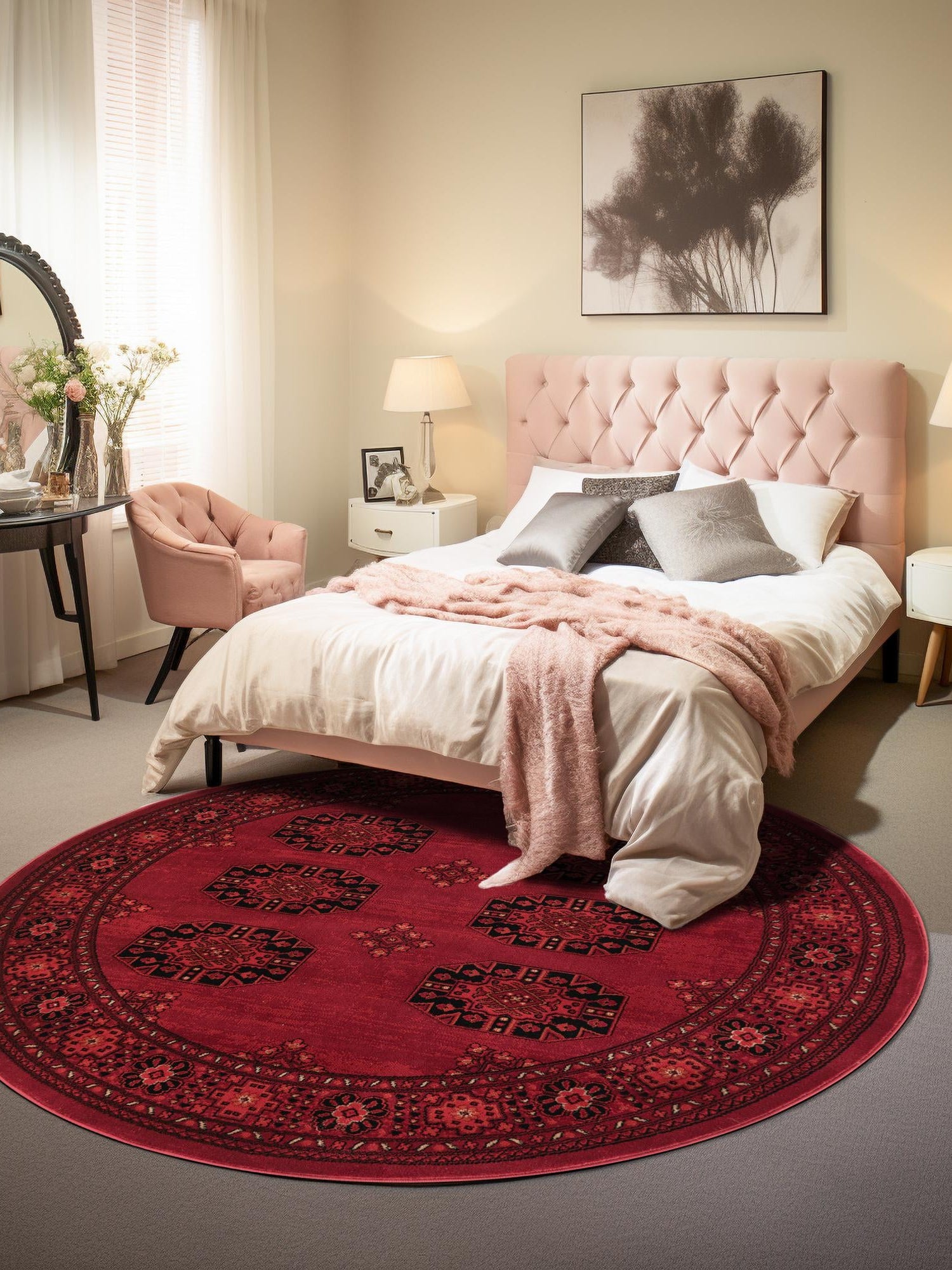 Red 6' 1 x 6' 1 Tekke Round Area Rug Classic Traditional Vintage Design Carpet for Living Rooms, Dining, Bedrooms, Office Space for Sale at Rug Engine