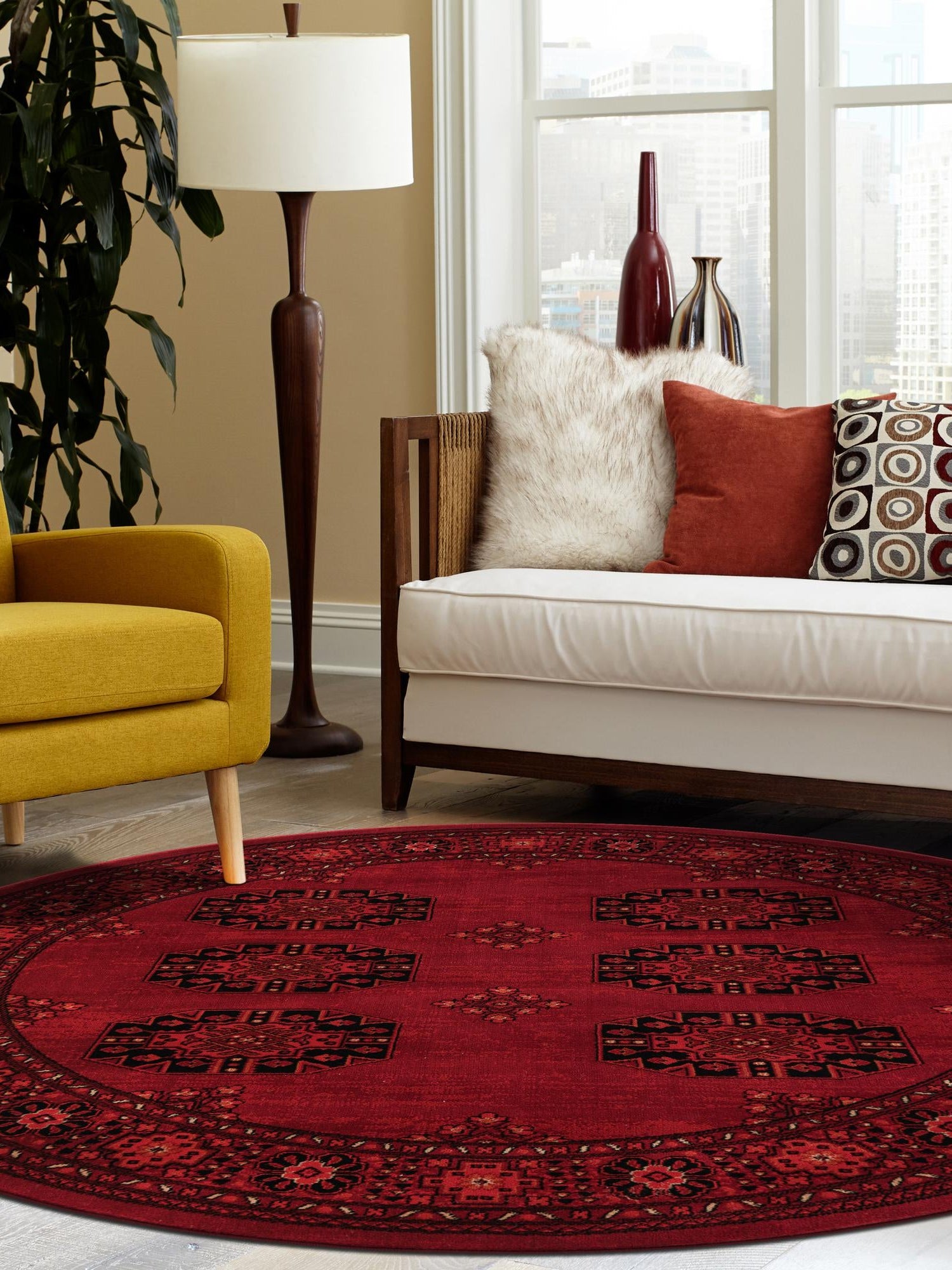 Red 7' 10 x 7' 10 Tekke Round Area Rug Classic Traditional Vintage Design Carpet for Living Rooms, Dining, Bedrooms, Office Space for Sale at Rug Engine