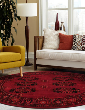 Red 6' 1 x 6' 1 Tekke Round Area Rug Classic Traditional Vintage Design Carpet for Living Rooms, Dining, Bedrooms, Office Space for Sale at Rug Engine