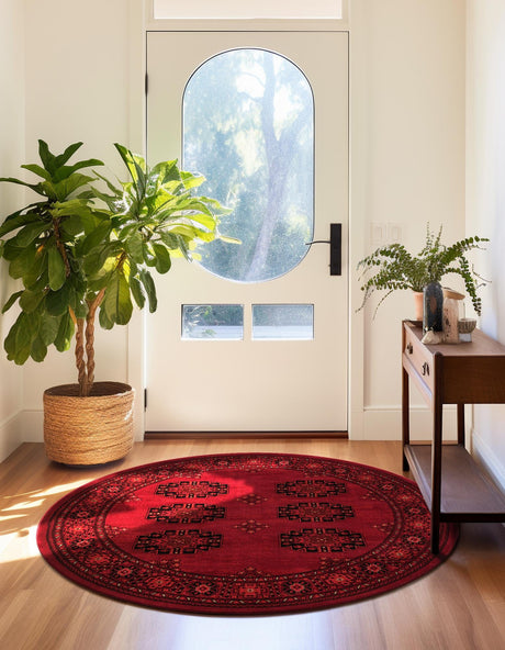 Red 6' 1 x 6' 1 Tekke Round Area Rug Classic Traditional Vintage Design Carpet for Living Rooms, Dining, Bedrooms, Office Space for Sale at Rug Engine