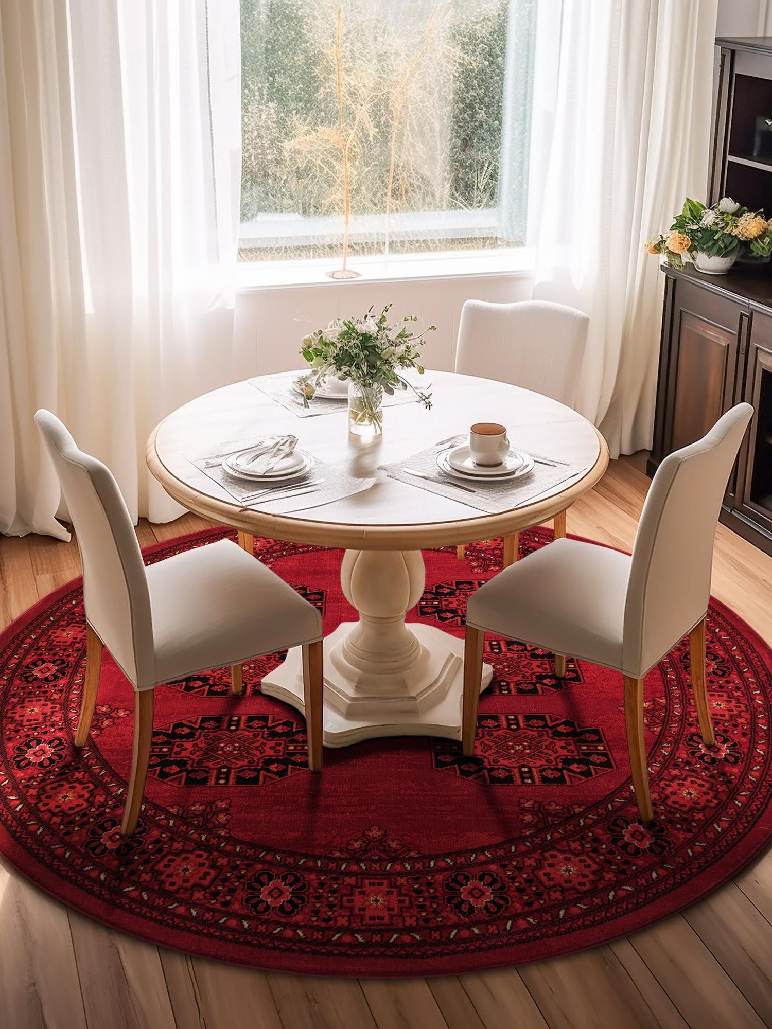 Red 7' 10 x 7' 10 Tekke Round Area Rug Classic Traditional Vintage Design Carpet for Living Rooms, Dining, Bedrooms, Office Space for Sale at Rug Engine