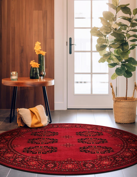 Red 7' 10 x 7' 10 Tekke Round Area Rug Classic Traditional Vintage Design Carpet for Living Rooms, Dining, Bedrooms, Office Space for Sale at Rug Engine