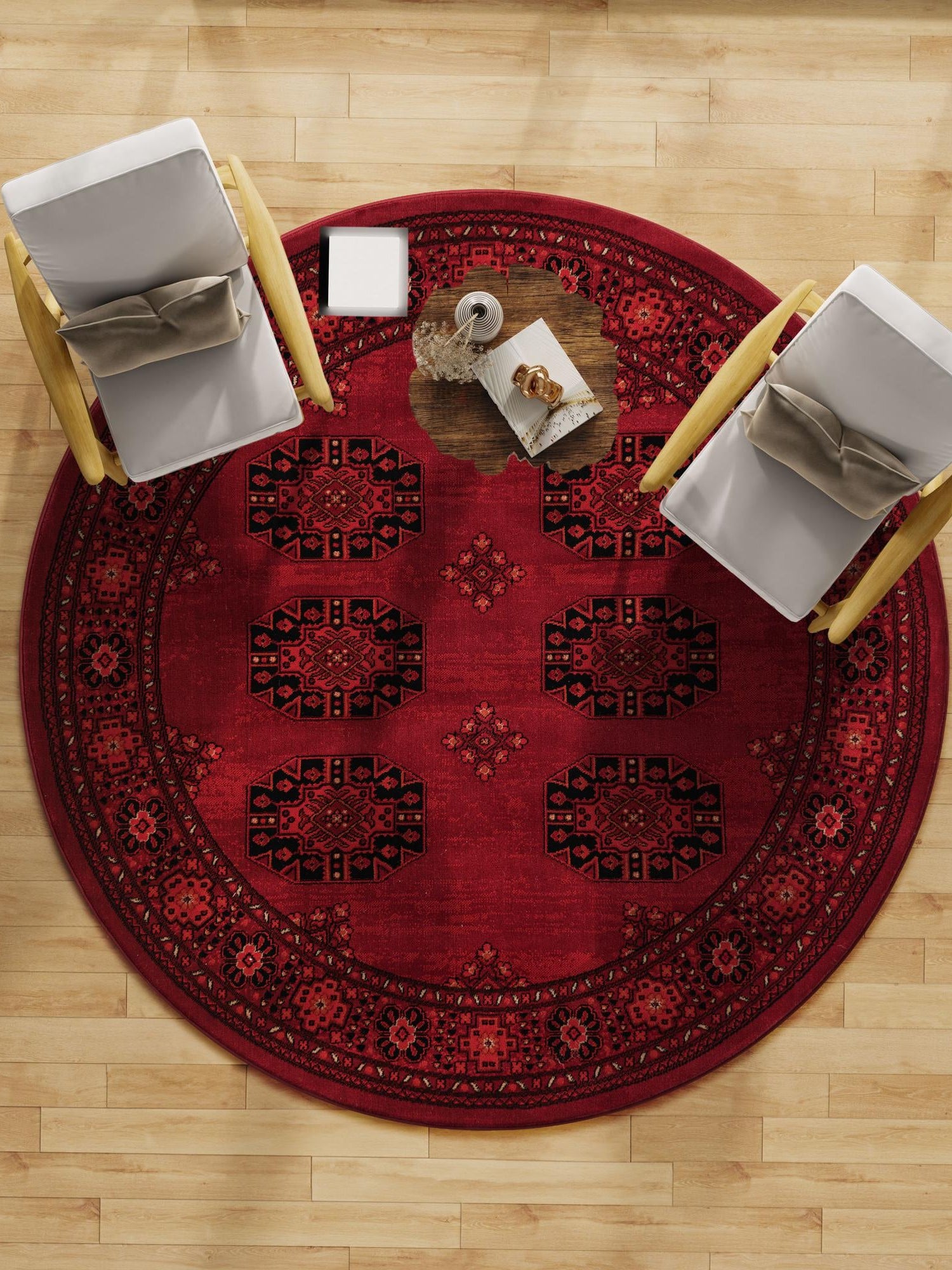 Red 7' 10 x 7' 10 Tekke Round Area Rug Classic Traditional Vintage Design Carpet for Living Rooms, Dining, Bedrooms, Office Space for Sale at Rug Engine