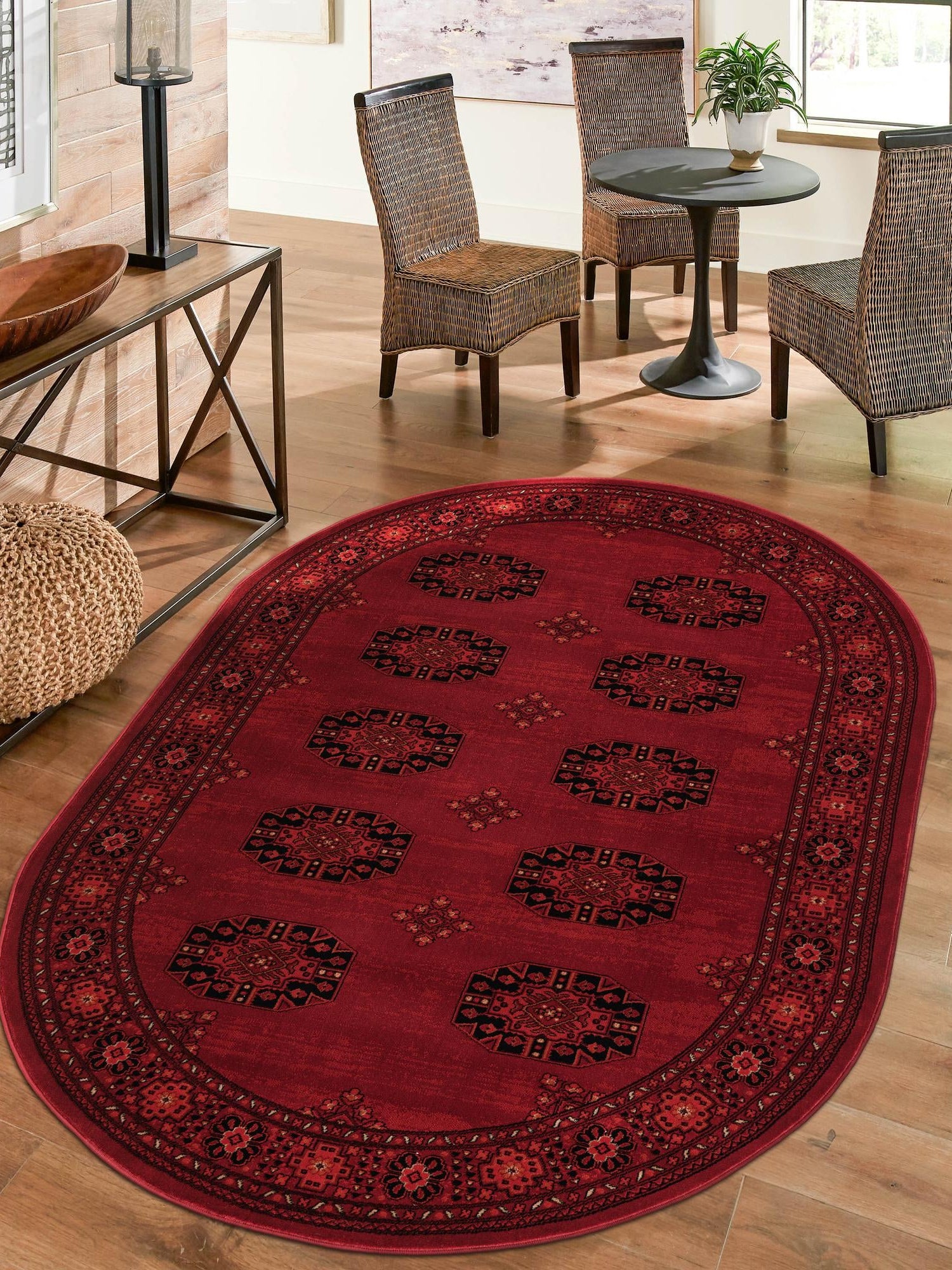 Red 5' 3 x 8' Tekke Oval Area Rug Classic Traditional Vintage Design Carpet for Living Rooms, Dining, Bedrooms, Office Space for Sale at Rug Engine