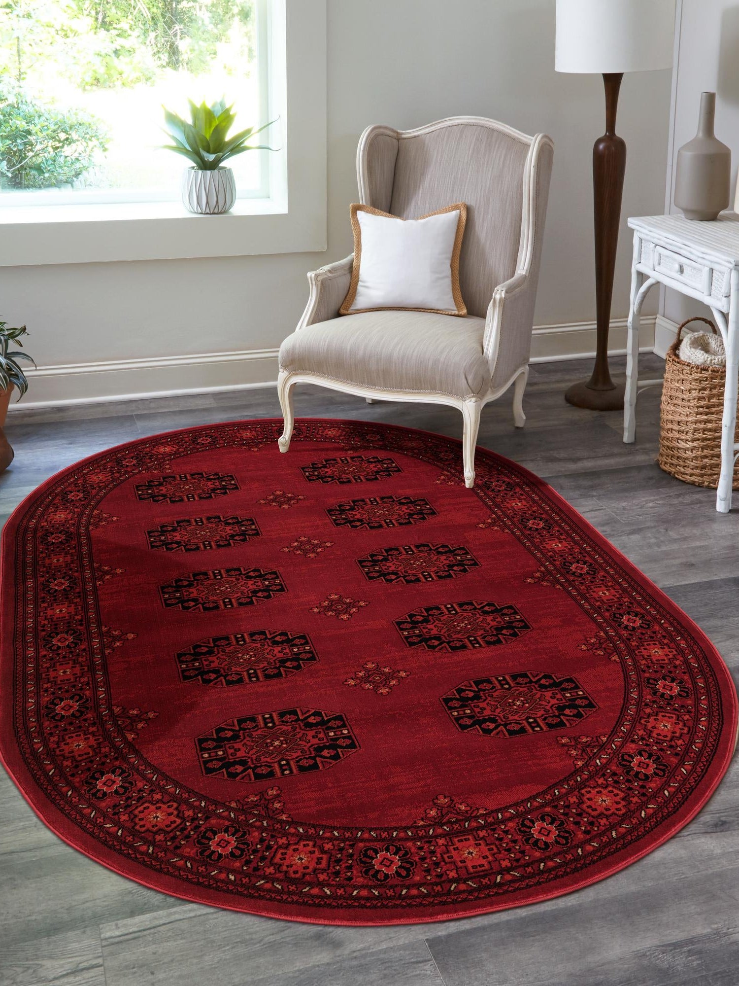 Red 5' 3 x 8' Tekke Oval Area Rug Classic Traditional Vintage Design Carpet for Living Rooms, Dining, Bedrooms, Office Space for Sale at Rug Engine