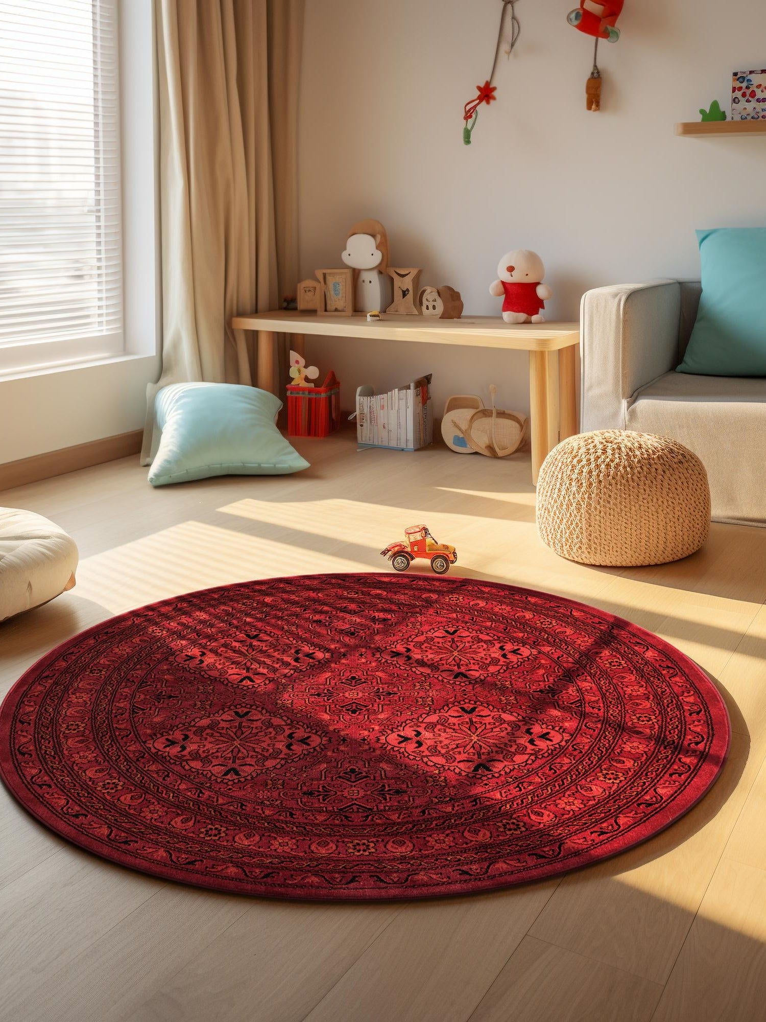 Red 6' 1 x 6' 1 Tekke Round Area Rug Classic Traditional Vintage Design Carpet for Living Rooms, Dining, Bedrooms, Office Space for Sale at Rug Engine
