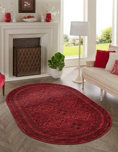 Red 4' 1 x 6' 1 Tekke Oval Area Rug Classic Traditional Vintage Design Carpet for Living Rooms, Dining, Bedrooms, Office Space for Sale at Rug Engine