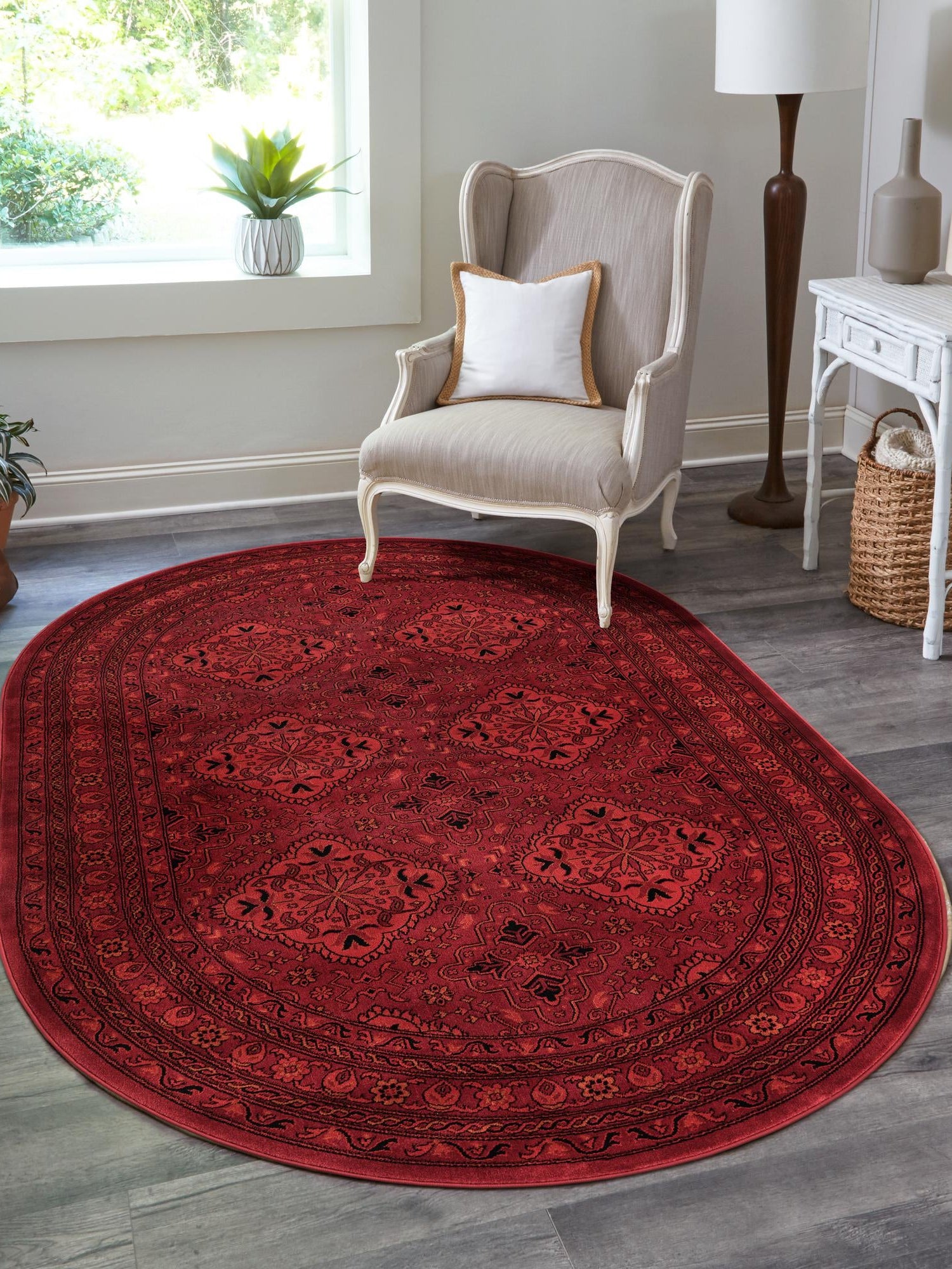 Red 4' 1 x 6' 1 Tekke Oval Area Rug Classic Traditional Vintage Design Carpet for Living Rooms, Dining, Bedrooms, Office Space for Sale at Rug Engine
