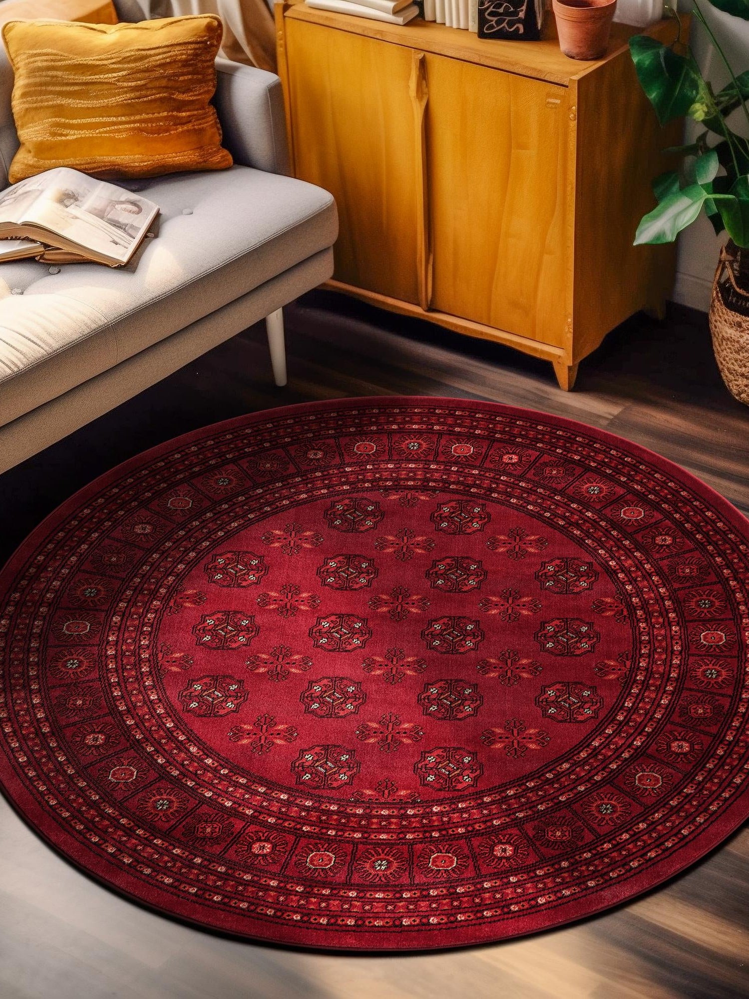 Red 5' 3 x 5' 3 Tekke Round Area Rug Classic Traditional Vintage Design Carpet for Living Rooms, Dining, Bedrooms, Office Space for Sale at Rug Engine