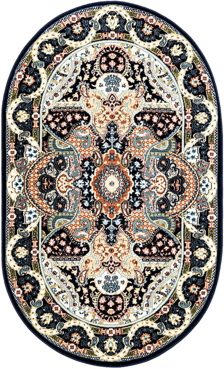 Navy Blue 3' 1 x 5' 3 Narenj Oval Area Rug 85% Polypropylene & 15% Polyester Traditional Classic Carpet for Living, Dining, Bedrooms, Office for Sale at Rug Engine