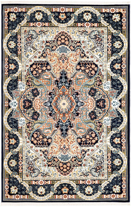 Navy Blue 4' 1 x 6' 1 Narenj Rectangle Area Rug 85% Polypropylene & 15% Polyester Traditional Classic Carpet for Living, Dining, Bedrooms, Office for Sale at Rug Engine