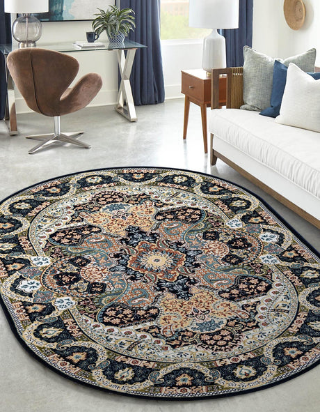 Navy Blue 5' 3 x 8' Narenj Oval Area Rug 85% Polypropylene & 15% Polyester Traditional Classic Carpet for Living, Dining, Bedrooms, Office for Sale at Rug Engine