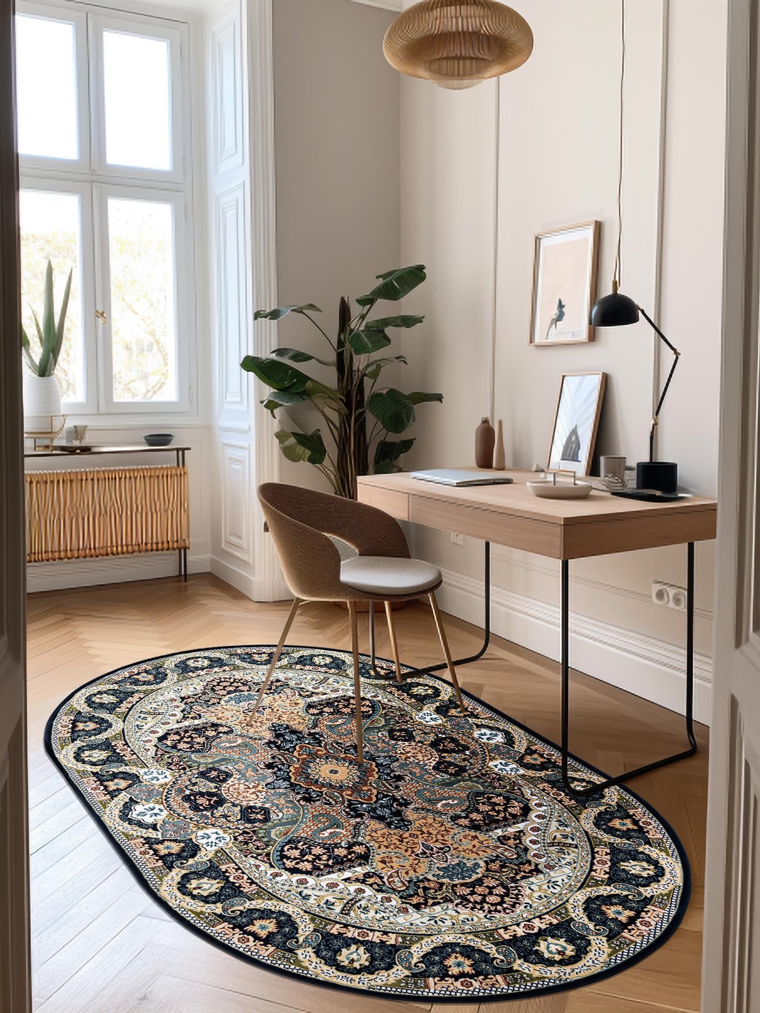 Navy Blue 3' 1 x 5' 3 Narenj Oval Area Rug 85% Polypropylene & 15% Polyester Traditional Classic Carpet for Living, Dining, Bedrooms, Office for Sale at Rug Engine