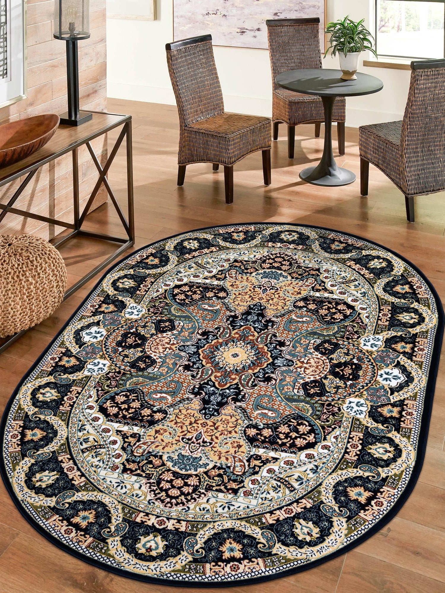 Navy Blue 7' 10 x 10' Narenj Oval Area Rug 85% Polypropylene & 15% Polyester Traditional Classic Carpet for Living, Dining, Bedrooms, Office for Sale at Rug Engine