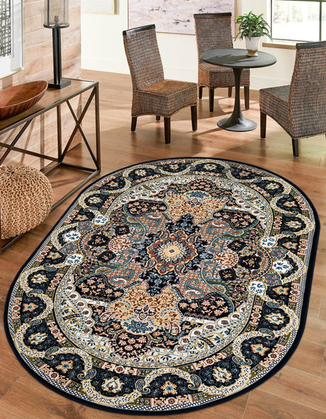 Navy Blue 7' 10 x 10' Narenj Oval Area Rug 85% Polypropylene & 15% Polyester Traditional Classic Carpet for Living, Dining, Bedrooms, Office for Sale at Rug Engine