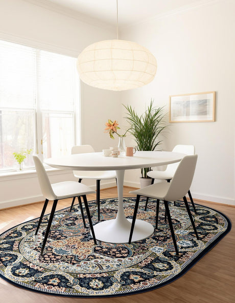 Navy Blue 5' 3 x 8' Narenj Oval Area Rug 85% Polypropylene & 15% Polyester Traditional Classic Carpet for Living, Dining, Bedrooms, Office for Sale at Rug Engine