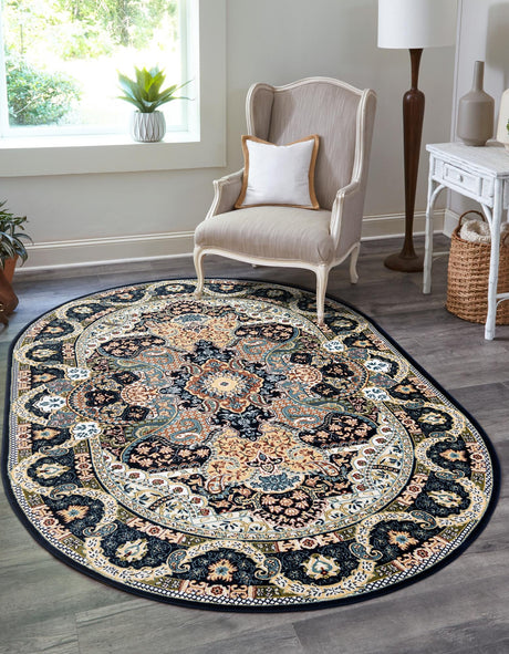 Navy Blue 5' 3 x 8' Narenj Oval Area Rug 85% Polypropylene & 15% Polyester Traditional Classic Carpet for Living, Dining, Bedrooms, Office for Sale at Rug Engine