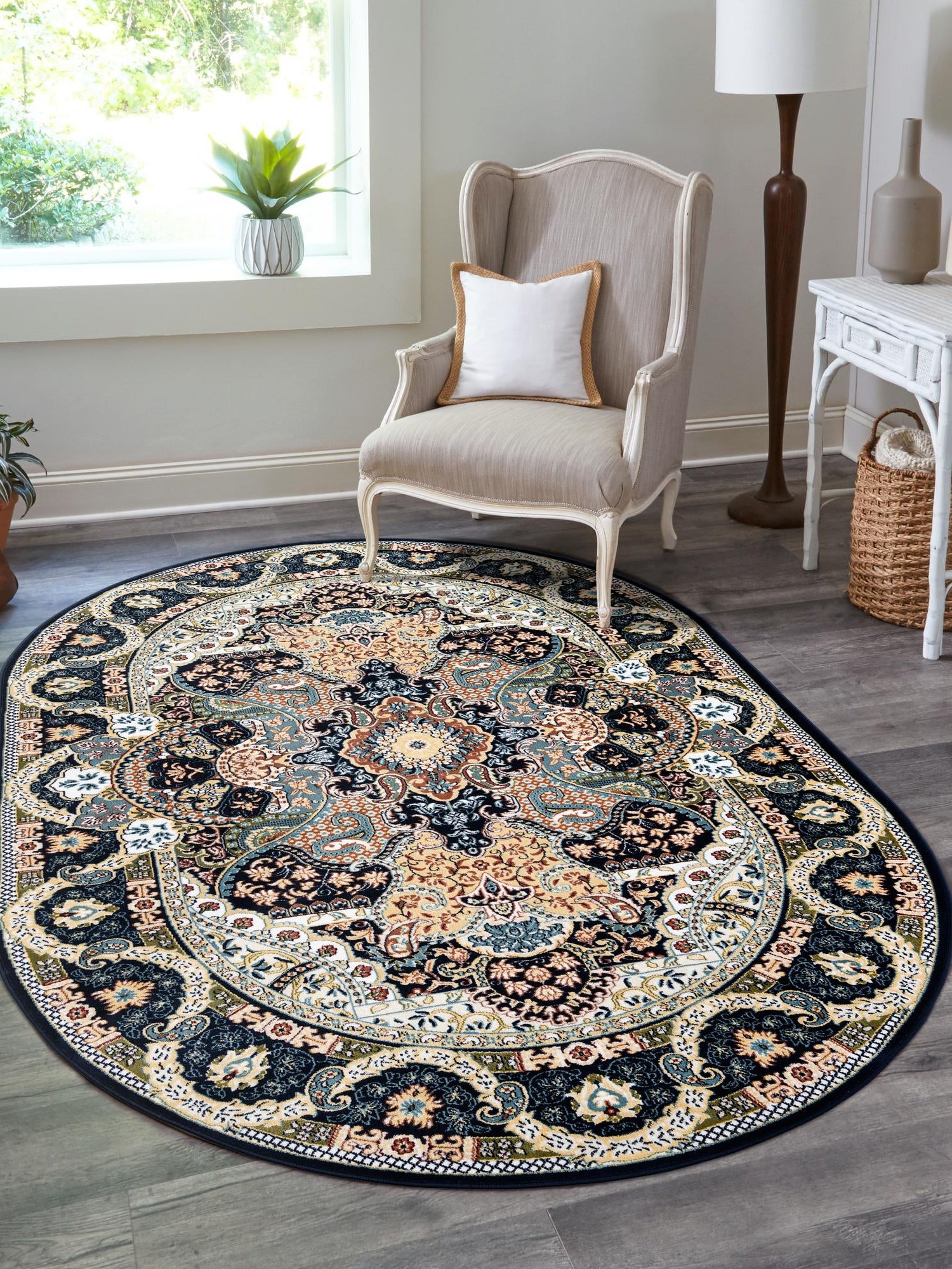 Navy Blue 7' 10 x 10' Narenj Oval Area Rug 85% Polypropylene & 15% Polyester Traditional Classic Carpet for Living, Dining, Bedrooms, Office for Sale at Rug Engine
